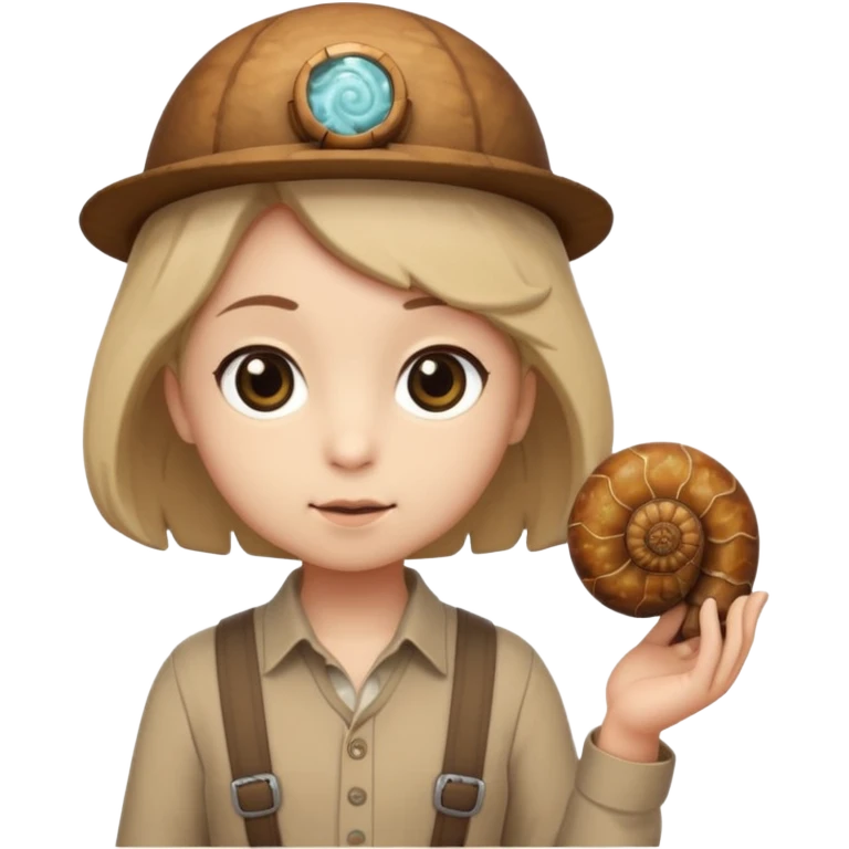 Shelly has a small, chibi-style body with a large ammonite-shaped head that looks like a beige fossil shell. One side of her head has a dark opening, making it clear she isn’t human. Her face is simple and soft, with big round eyes. She wears a brown suspender outfit over a lighter shirt emoji