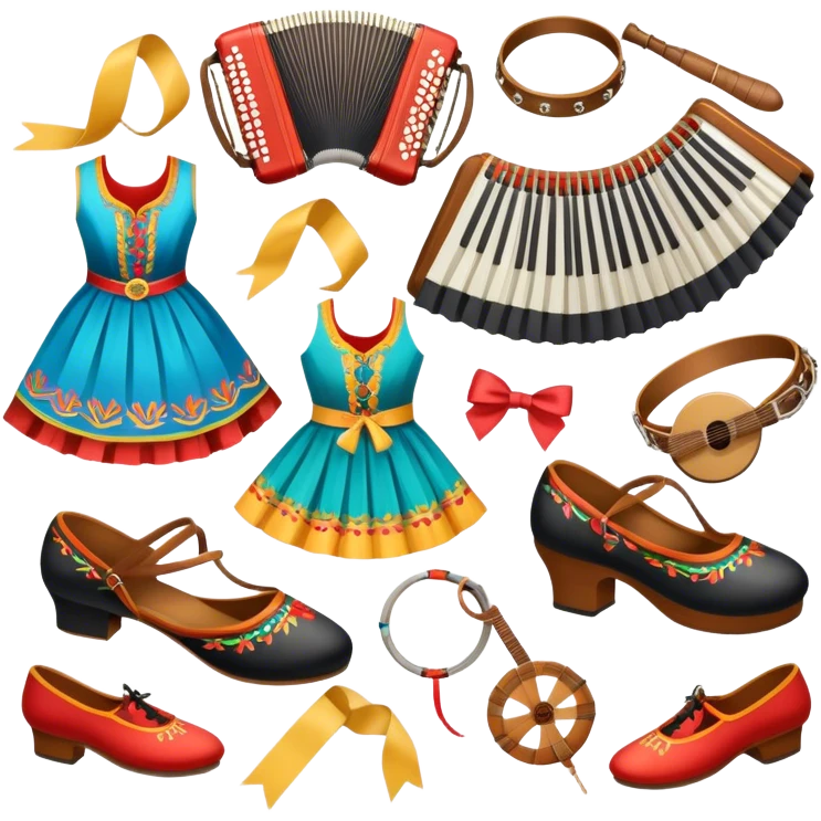 Humanless Icon for Folk Dance: close-up traditional dance shoes, colorful folk costumes, and a dance circle with ribbons and musical instruments like a tambourine or accordion. The icon should represent the vibrant and cultural aspects of folk dancing. Transparent background. emoji