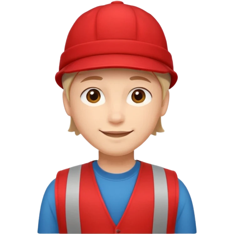 minimal emoji-style person in a red vest and cap, soft smile, neutral pose, flat vector, clean, front-facing, no text or logos emoji