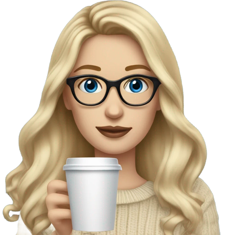Blonde balayage long hair white women beige sweater blue eyes and small glasses holding coffee emoji