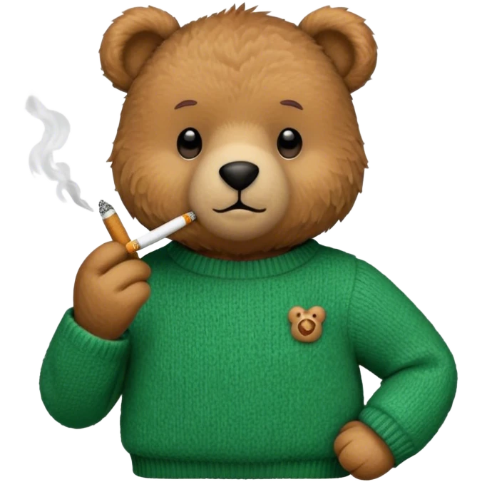 Teddy bear in a green sweater with a cigarette emoji