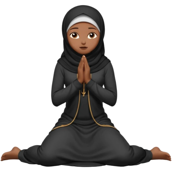 darkskin muslim black woman praying kneeling with dark hijab hyper realistic face, half side position emoji