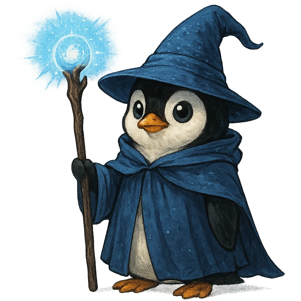 penguin wizard holding a magical staff, wearing a wizard hat emoji