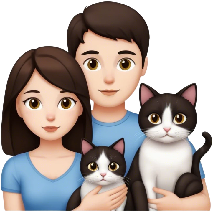 brunette couple and two cat. one is black cat one is white emoji