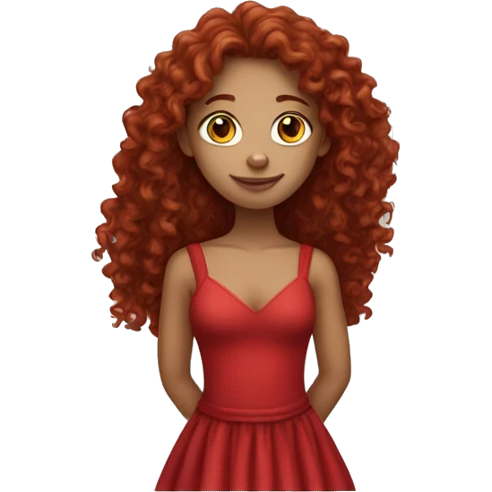 Girl with deep red long curly hair and light skin wearing a red dress emoji