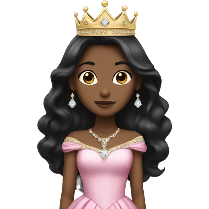 princess with black long hair, pink gown, gold crown, white skin, diamonds emoji