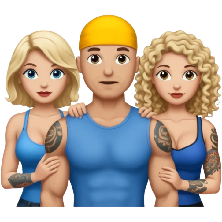 tattooed covered brown eyed bald male with blonde long haired blue eyed big boob female with brunette curly haired brown eyed big boob female throuple  emoji