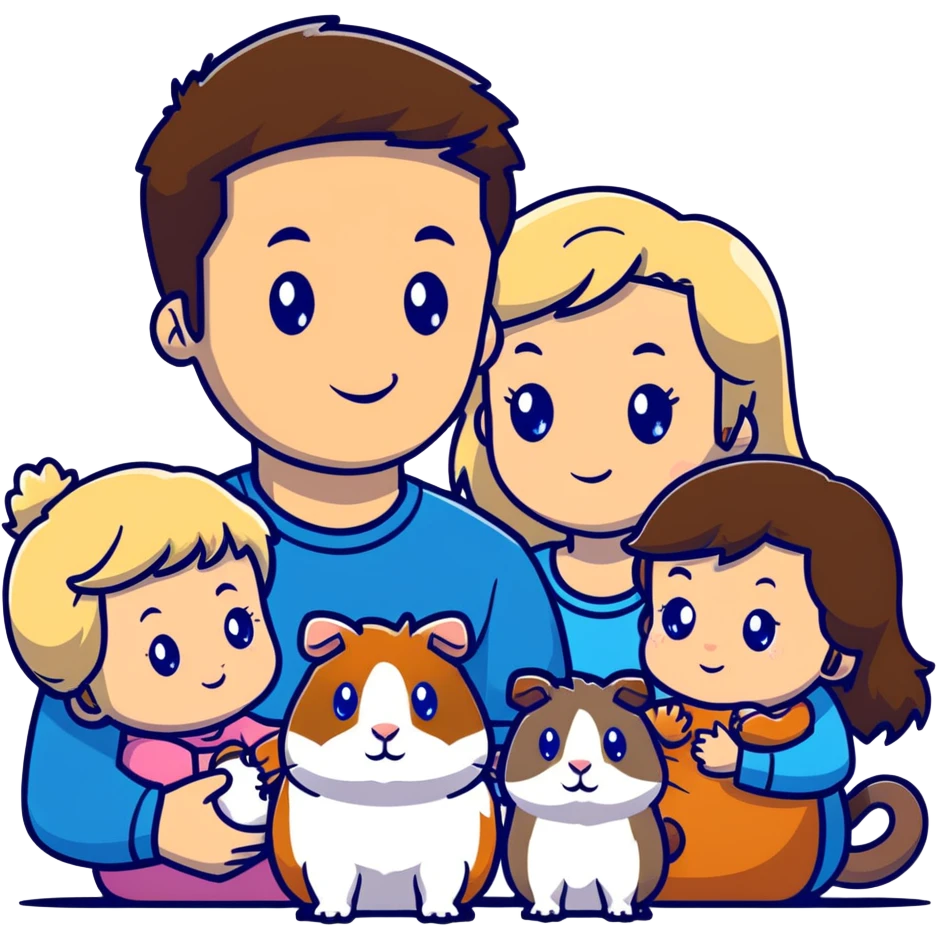 Family portrait with father with dark brown hair and blue eyes, mother with light brown hair and blue eyes, three blonde little girls with blue eyes, plus a grey cat and two guinea pigs emoji
