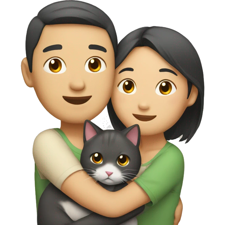 Asian Couple hugging each other with a cat emoji