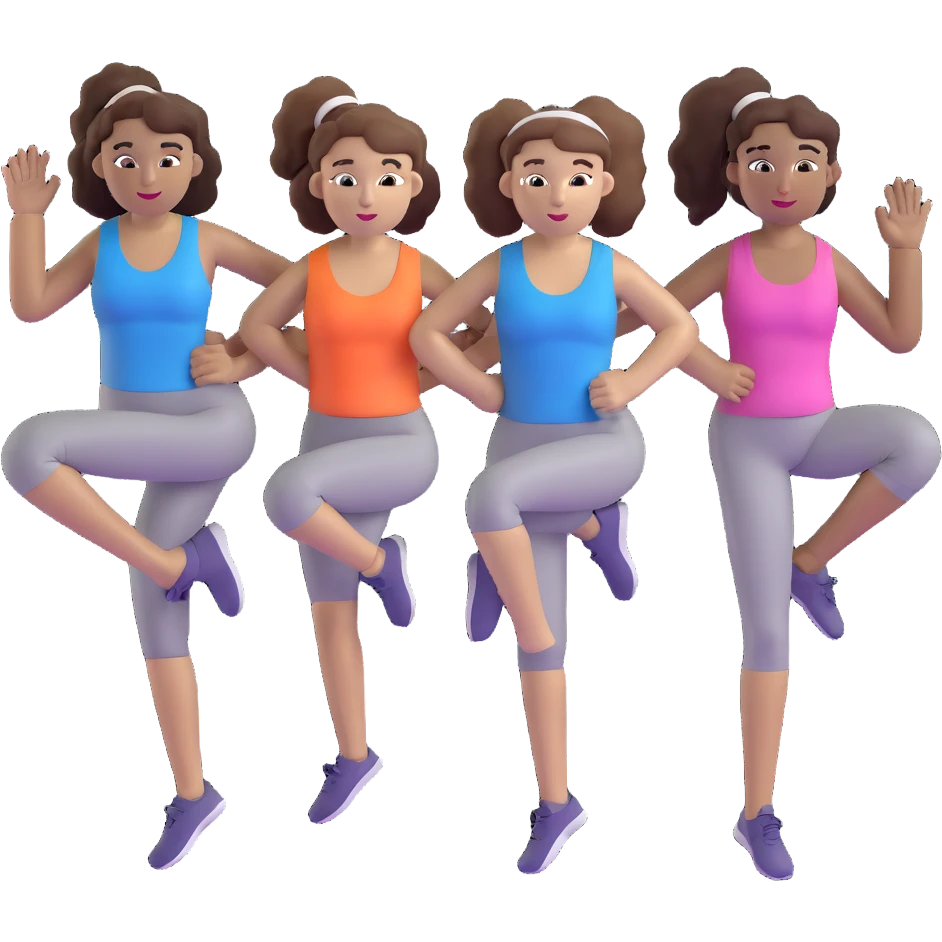 three women friends exercising together, one black woman with curly brown hair, one pale white woman with curly brown hair, and one white woman with straight brown hair in a ponytail emoji