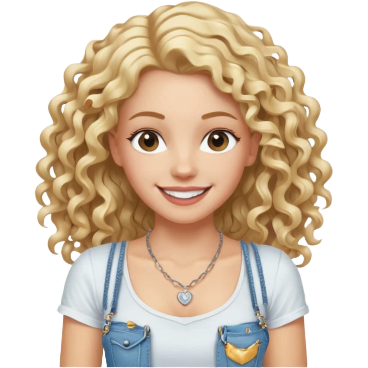 white girl with long curly blond hair and hairgrip, thin athletic with toned arms and legs, wearing jeans white strappy t-shirt necklace, big white smile emoji