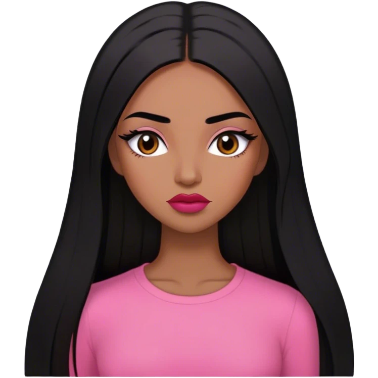 Woman,Medium brown skin,super long black straight hair, medium brown arched eyebrows, full lashes, red nude lips , pink shirt emoji