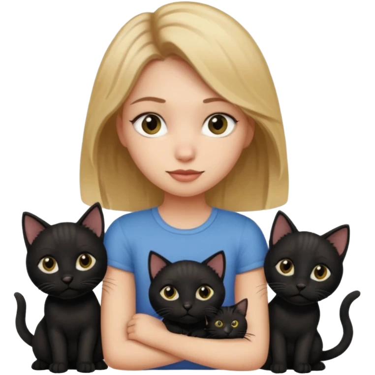 Girl with dirty blonde hair with 4 black kittens and 1 bigger black cat and a tabby kitten and 1 black dog emoji