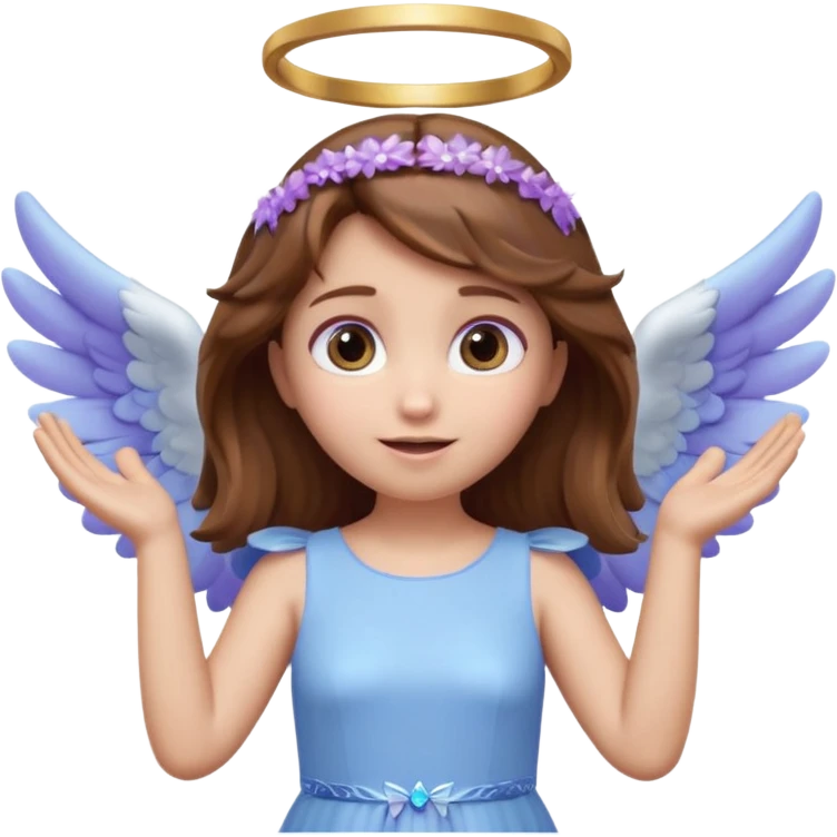 Cute 3D angel emoji, brown hair, glowing halo, small blue-white wings, pastel purple dress, hands raised, big expressive eyes, soft lighting, glossy texture, Pixar style, high detail emoji