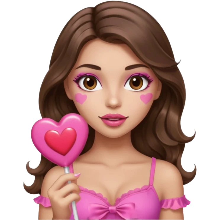 girl with long wavy brown hair, brown eyes, long lashes makeup, sexy pink lips, light to medium complexion, wearing a pink sexy top,, heart lillipop emoji