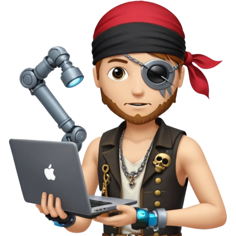 pirate standing with a laptop, robotic arm, bandana and eye patch, digital era pirate emoji