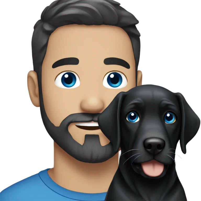 beard man black hair blue eyes face holding black Labrador  emoji