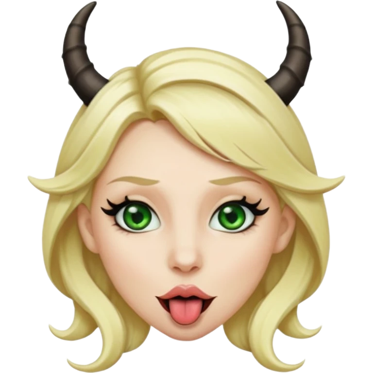 Emoji femme blonde habillée en noir cheveux blond, yeux vert avec de long cils noir qui tire la langue et à des cornes  emoji