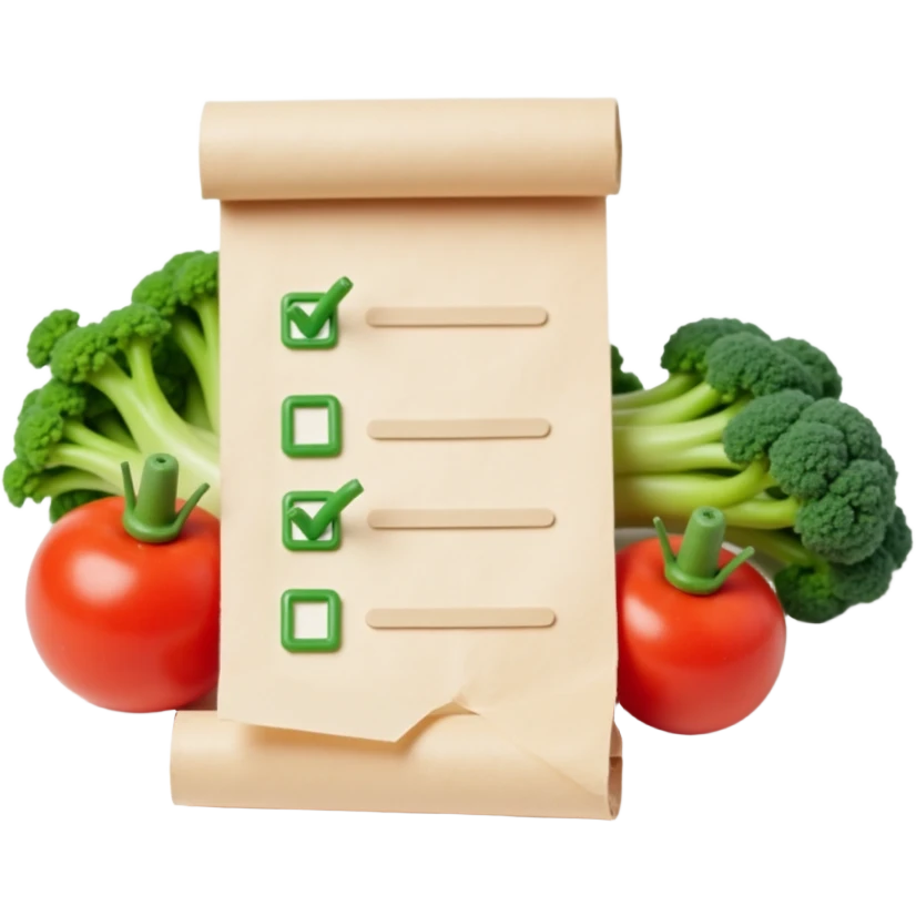 floating rolled paper list with green checkboxes and around vegetables emoji