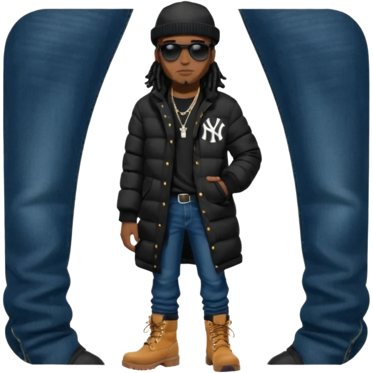 African American man brown skin complexion with black dreadlocks shoulder length wearing black bubble winter coat wearing black sunglasses with denim skinny jeans and timberland boots  wearing a  new york Yankees baseball hat emoji