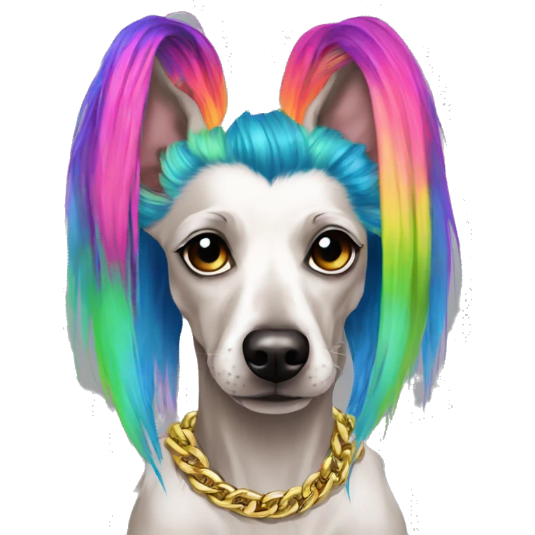 Punk Chinese crested dog neon rainbow hair gold chain piercings tattoos ear piercings emoji