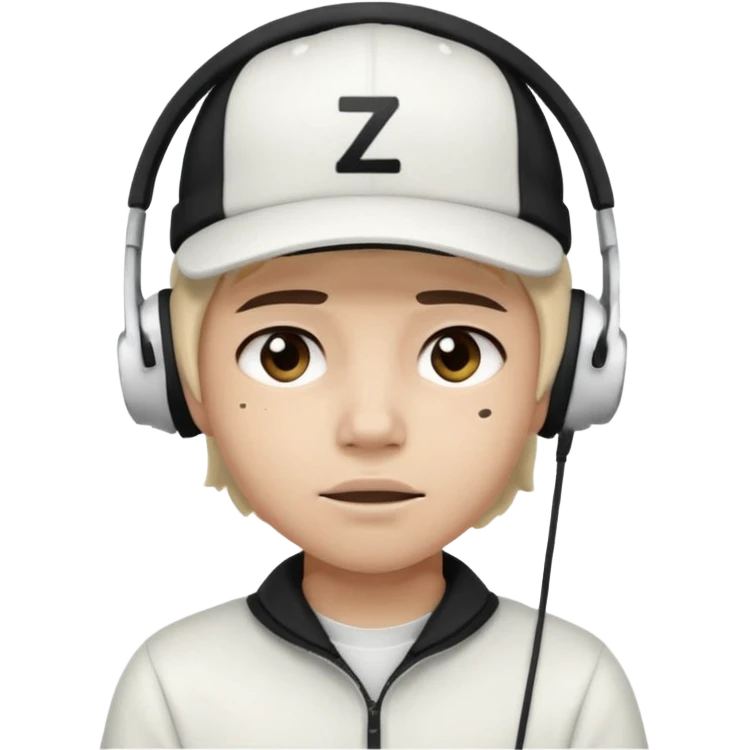 Adolescente com fone branco no ouvido é um boné preto, com uma carinha de sono e uns z z z emoji