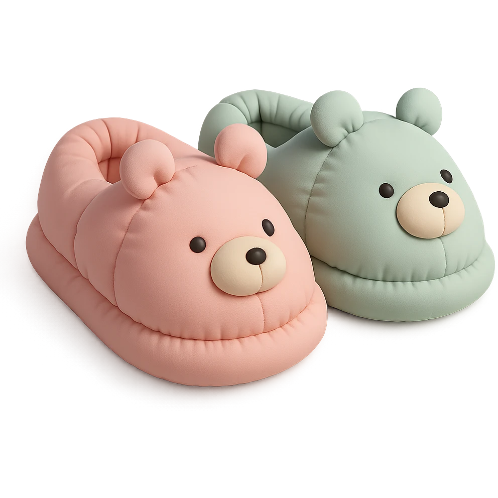 pair of cozy animal-shaped bedroom slippers in pastel colors, cushion style emoji
