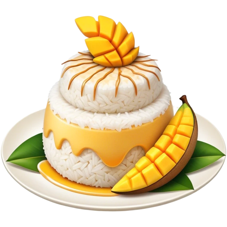 Mango Sticky Rice Cinematic Realistic Mango Sticky Rice Dessert Emoji, depicted as sticky rice drizzled with coconut milk topped with a layer of coconut cream, accompanied by sliced mango on the side of the plate, rendered with vivid textures and warm, tropical lighting. emoji