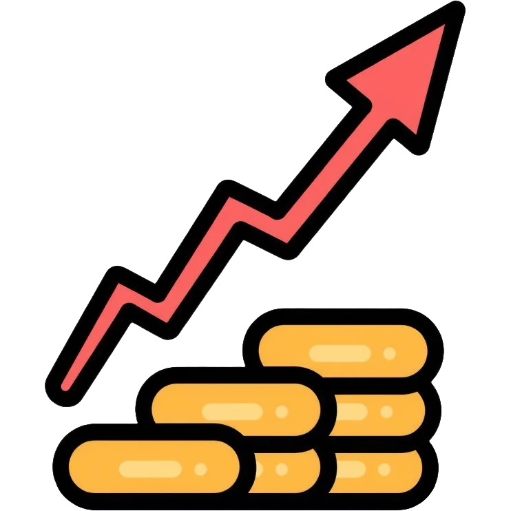upward arrow beside a small stack of gold coins, beauty business financial growth symbol emoji