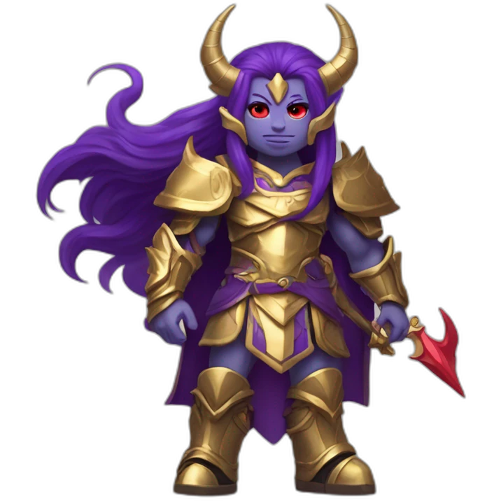 Humanoid with bright purple skin color, red eyes, pointed ears and Oni horns, has long straight brown hair, and wears royal gold armor emoji