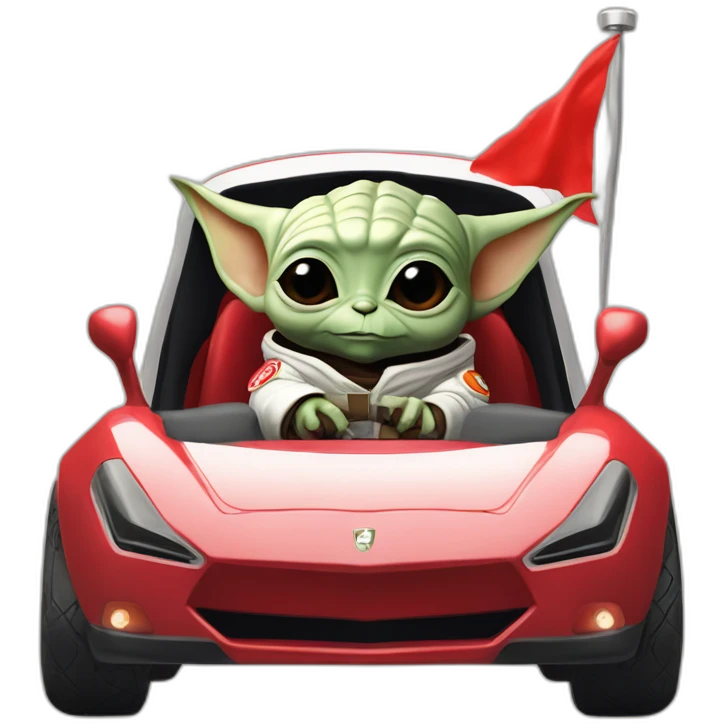 baby yoda unicorn driving a red ferrary in an astronaut suit with peace flag on t emoji