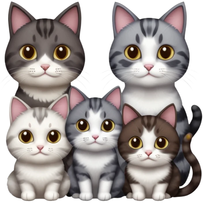 4 different coloured short haired cats including; a dark brown and white cat, and a dark grey and white  emoji