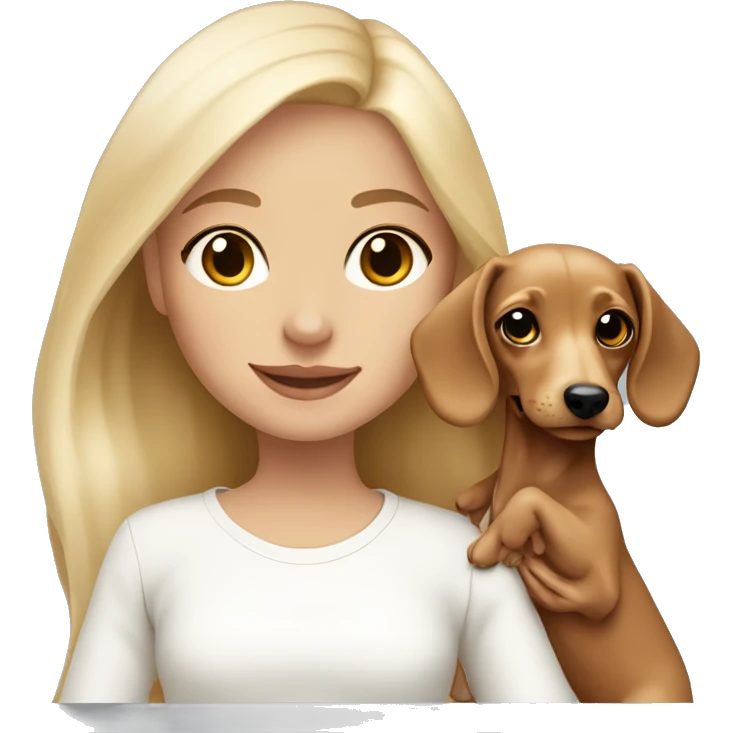 Blonde girl with tan skin in white long sleeve holding a light blonde dachshund puppy  emoji