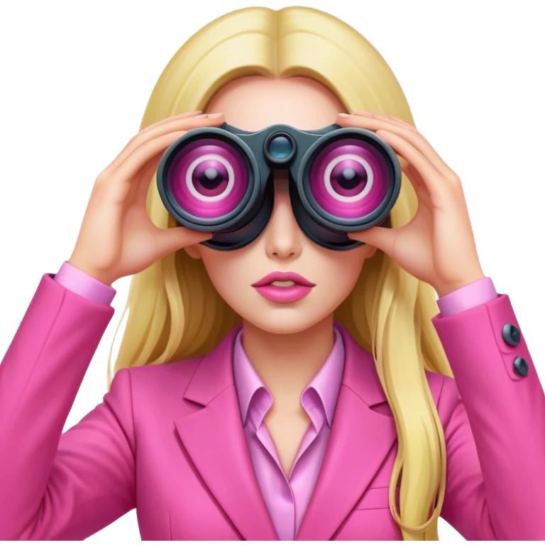 futuristic-looking woman with long hair in an intensive color pink suit looking through two-eyed binocular, viewed from an angled perspective emoji
