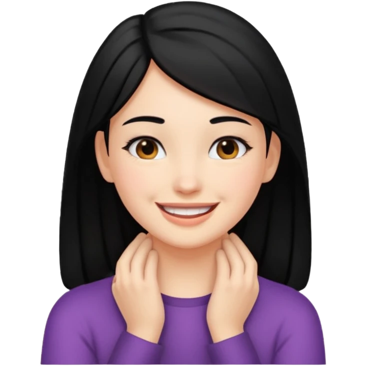 a girl with hands on her neck black hair and smiling emoji