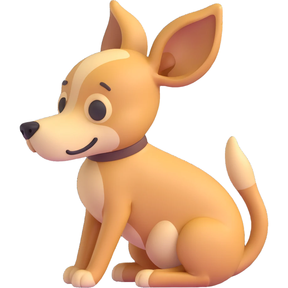 medium-sized sandy colored dog with one back leg missing, tail curled up onto its back, attentive upright ears, 3D emoji style emoji