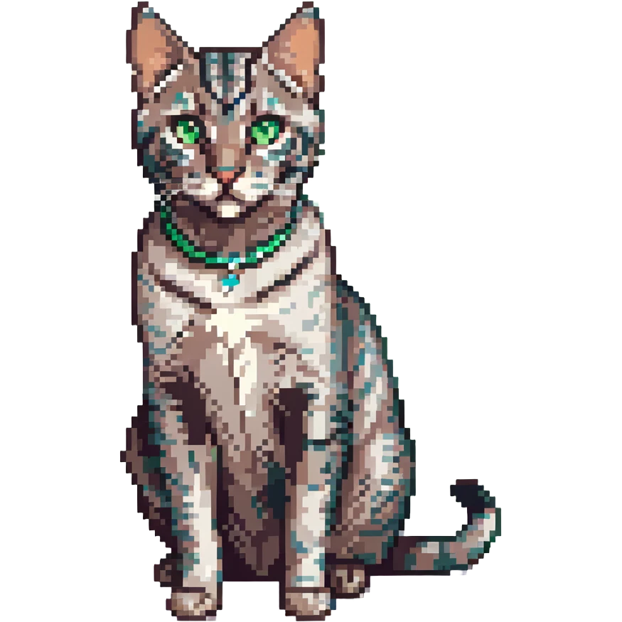 A silver Bengal cat with green eyes, sitting. emoji