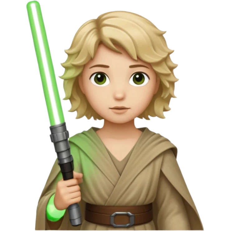 Young jedi with sandy blonde wavy short hair holding a green light saber. With brown eyes emoji
