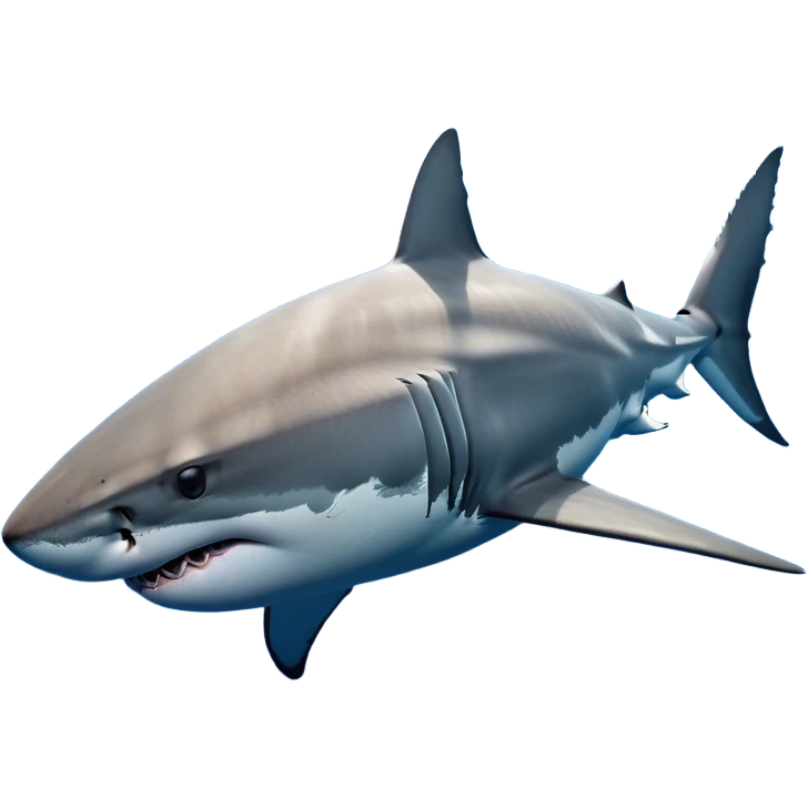 Cinematic Noble Great White Shark Portrait Emoji, Poised and regal, with a robust, torpedo-shaped body, a pointed snout, a gleaming white underbelly contrasting with a slate gray dorsal surface, and piercing, intense eyes scanning deep blue waters, Simplified yet sharp and sophisticated features, highly detailed, glowing with a cool, oceanic luminescence, high shine, intelligent and commanding, stylized with an air of marine authority, focused and vigilant, soft glowing outline, capturing the essence of a watchful and confident predator that appears ready to surge out of the screen with effortless power! emoji