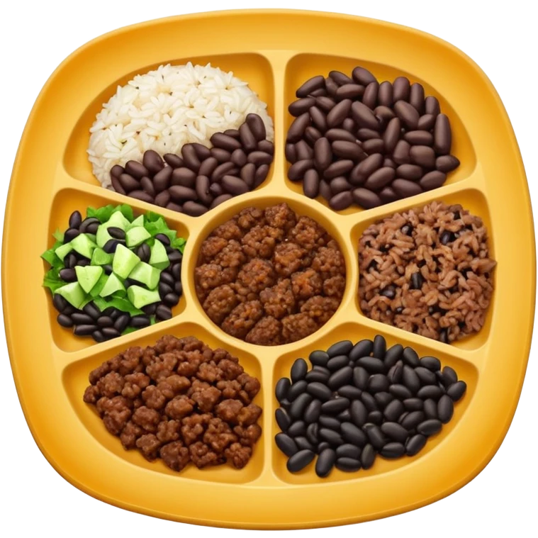 Food plate divided in 4 parts: rice, black bean, minced meat and salad

 emoji
