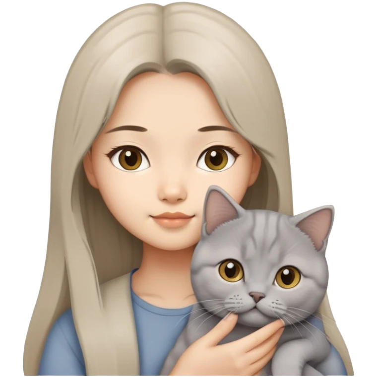 Asian girl beige long hair holding grey British short hair cat emoji