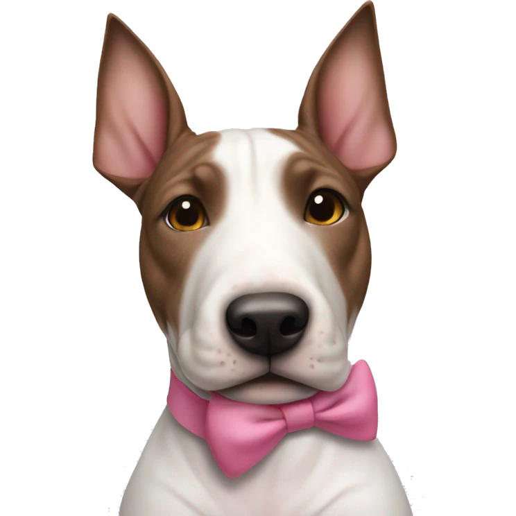 female mostly brindle bull terrier with small amount of white around nose and a pink bow around neck emoji