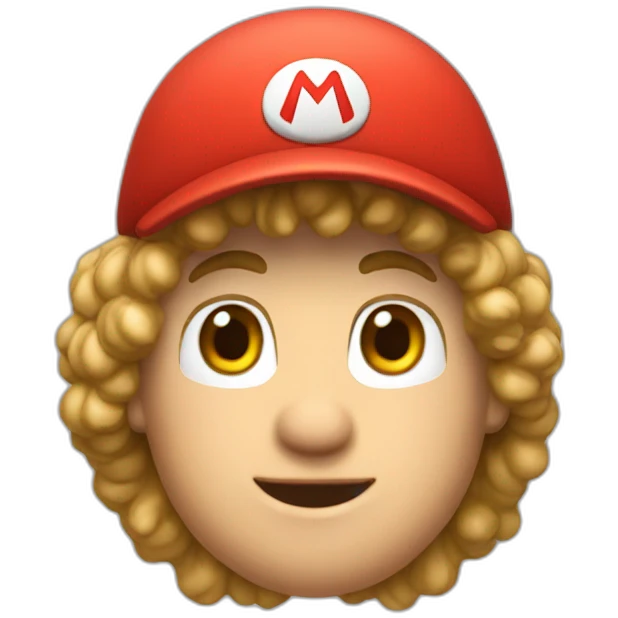 white skinned person with curly hair and Super Mario's cap emoji