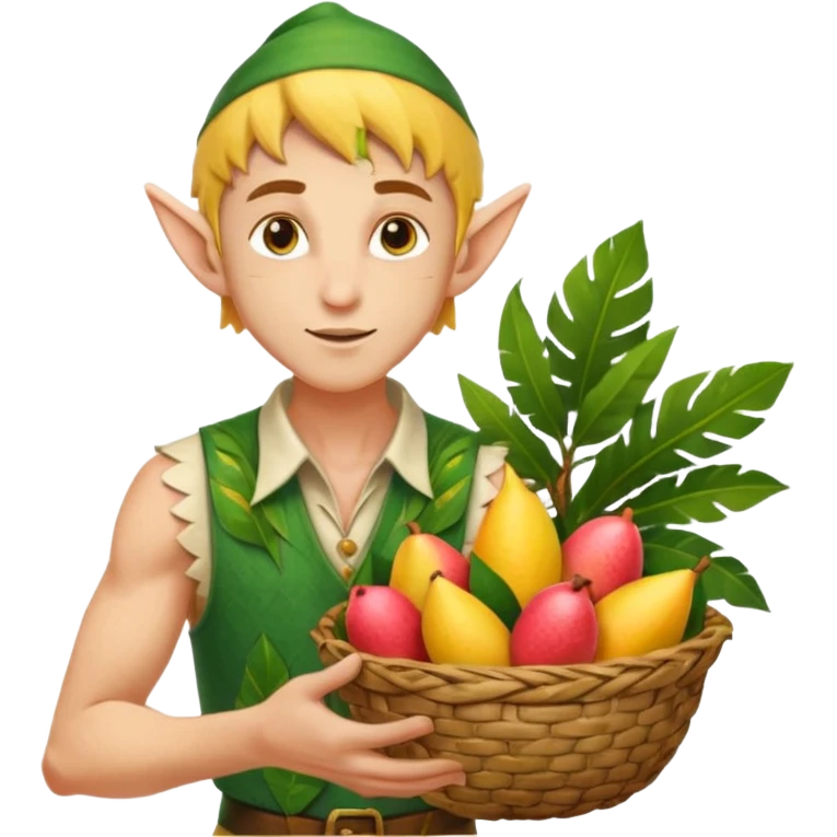 elf male Sleeveless vest with palm-leaf print, basket of exotic fruits (mango/lychee), sunburned nose. emoji