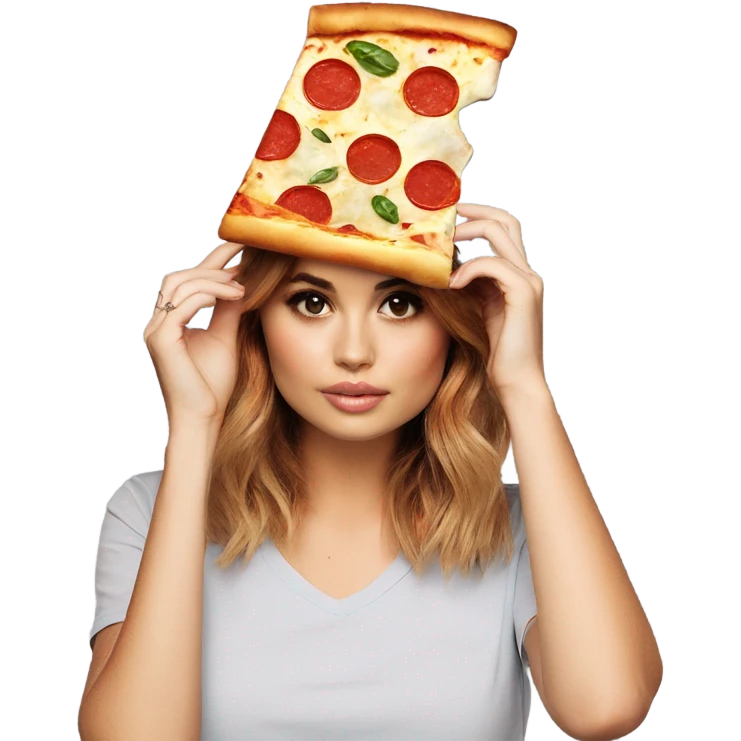 Debby ryan with a pizza on head emoji