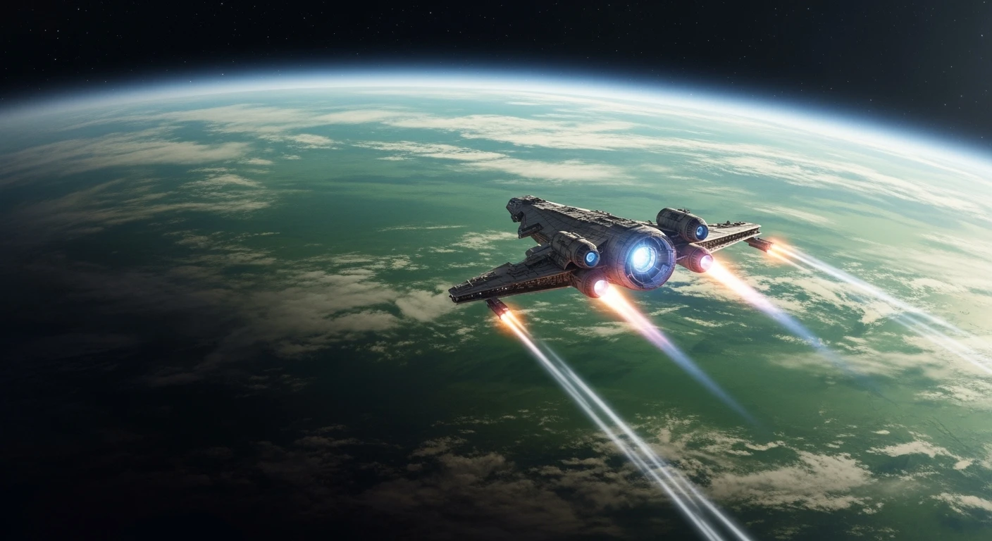 cinematic still, motion blur shutter speed, establishing shot, shot from top, green planet,  starship coming to planet, inspired by StarWars movie, captured by arri alexa  emoji