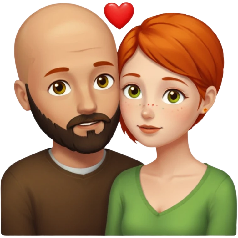 Couple. Bald man with dark brown-black beard. Woman with freckles, white skin and she has orange, auburn-yellow-brown hair. She has light yellow-green-brown eyes. He have hazel eyes. They look at each other. Many small red hearts around them. emoji