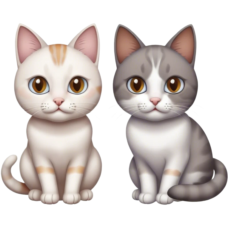 Two cats, the firstone is white with different eyes color, another one is brown and gray and white. emoji