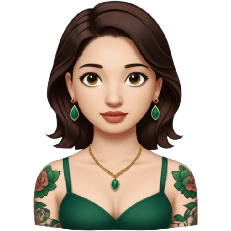 pretty bratz genmoji that looks like tamannah bhatia (bollywood actress), wearing a dark green sweetheart neckline top, dark brown hair, light makeup, no necklace, dangly earrings, side hair part, dark BROWN eyes, with full tattoos and neck tattoo big, fair emoji