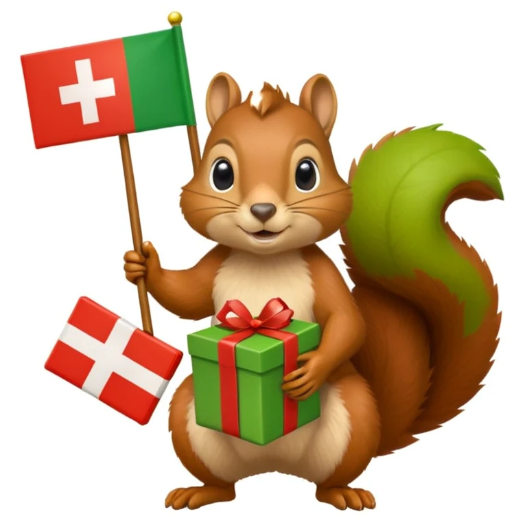 a squirrel holding a green gift box in one hand and a Swiss flag in the other, both objects clearly visible, simple white background emoji